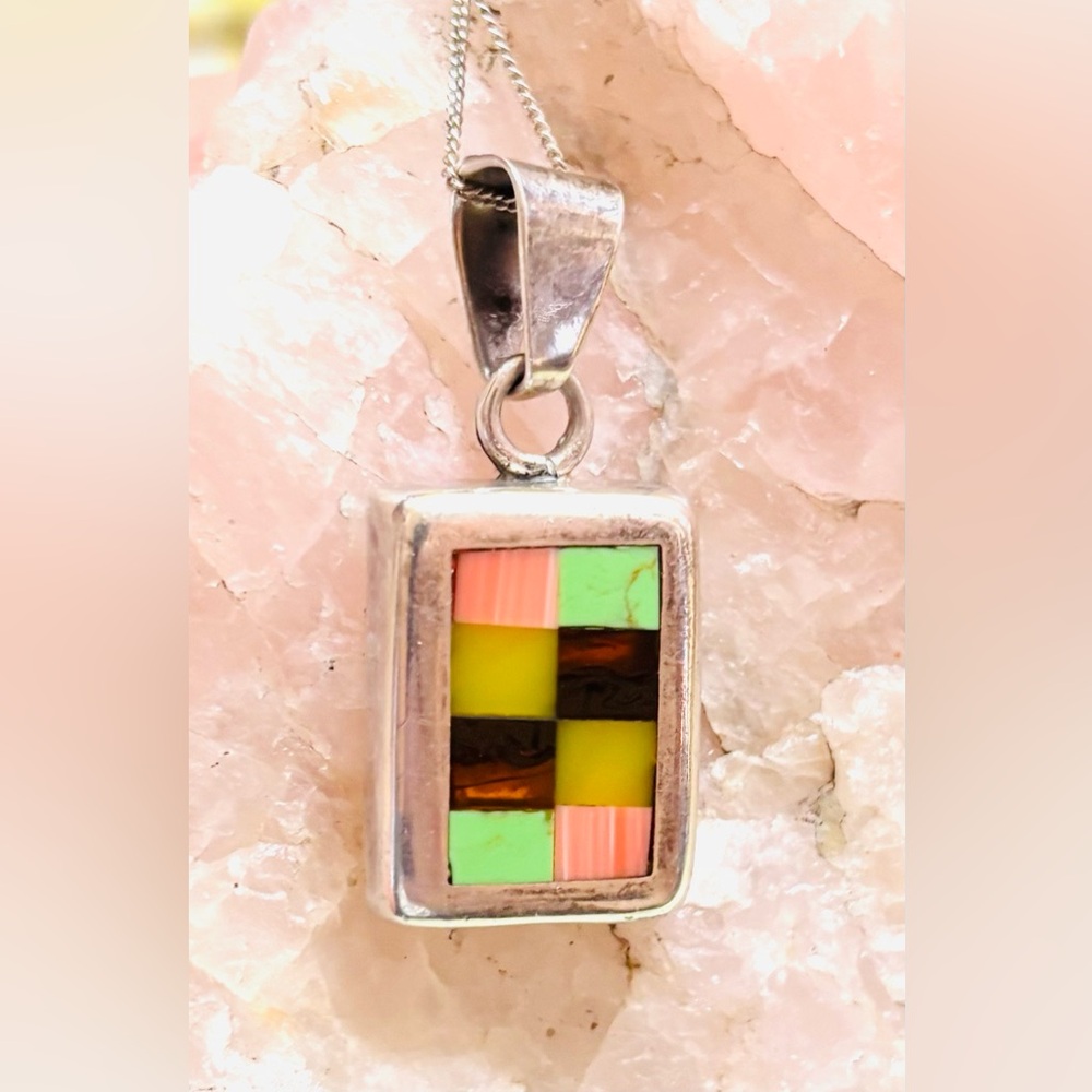 Sterling Silver Multi Gemstone Mosaic Inlay Pendant Necklace